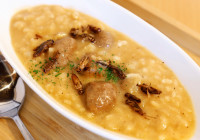 Cheese risotto with cricket meatballs