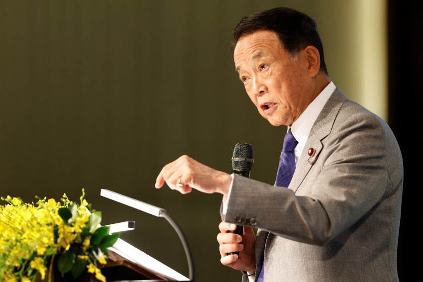 Japan's Former Prime Minister and current Vice-President of the ruling Liberal Democratic Party, Taro Aso, speaks during the Ketagalan Forum in Taipei